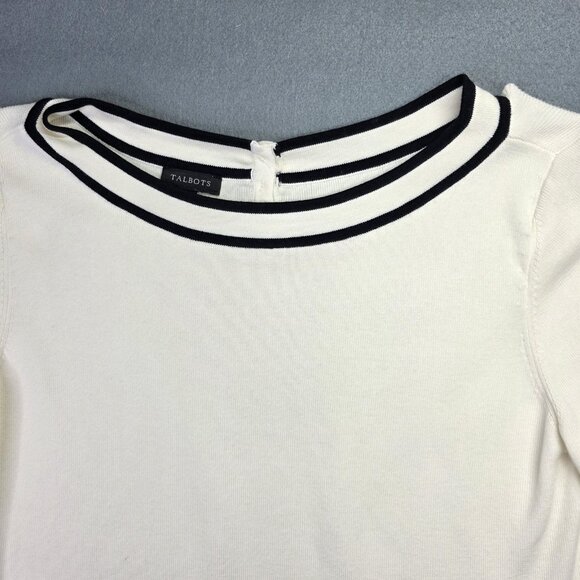 Talbots Sweater Womens M White Black Boat Neck 3/4 Sleeve Cotton Rayon Timeless - Picture 2 of 10